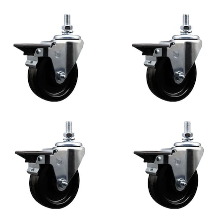 Service Caster 4 Inch Phenolic 10 MM Threaded Stem Caster Set with Brake SCC-TS20S414-PHS-PLB-M1015-4